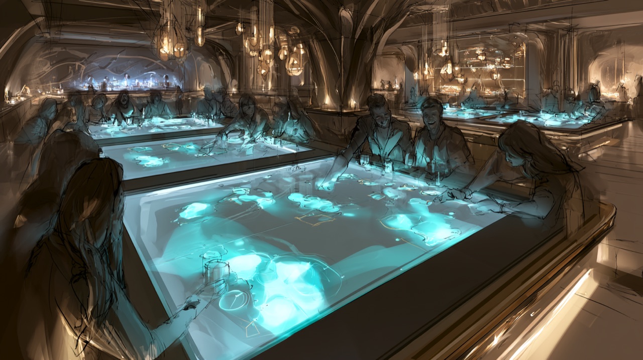 Concept scene: a room full of people present together, looking up, phones forgotten