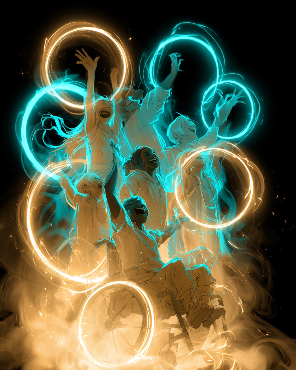 Concept scene: people of all abilities celebrating together inside rings of warm and cyan light, one using a wheelchair
