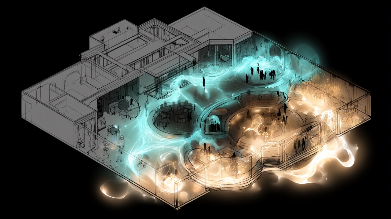 Concept scene: guests gathered around a glowing interactive table that responds to them