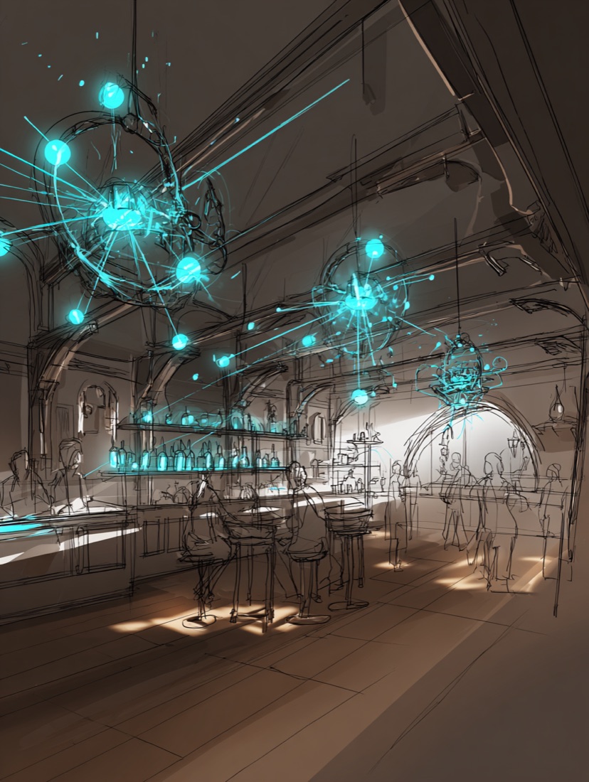 Concept sketch: a bar lit by a hanging network of glowing cyan nodes joined by fine lines