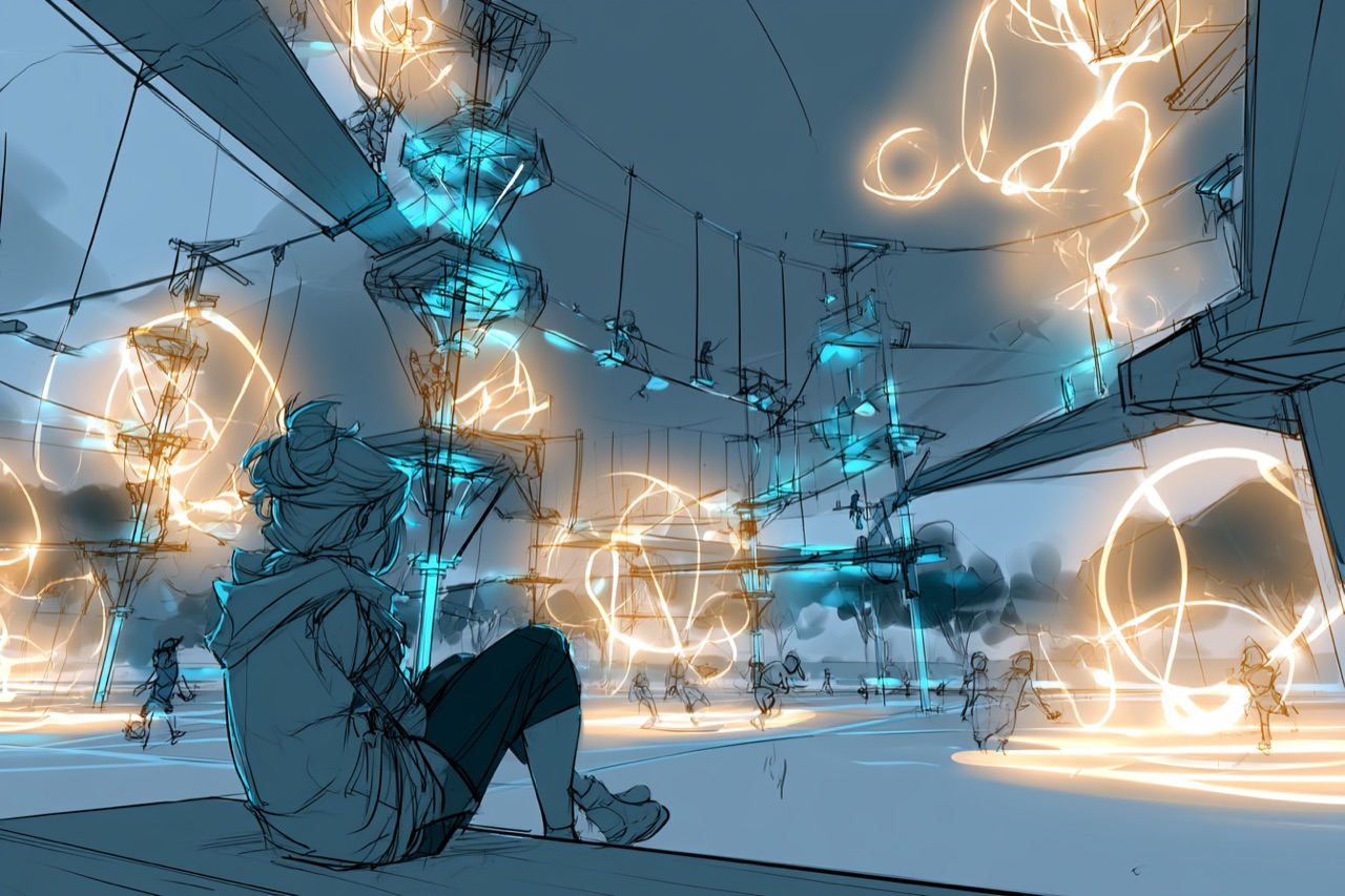 Concept scene: children moving freely through a responsive play space while a parent relaxes nearby